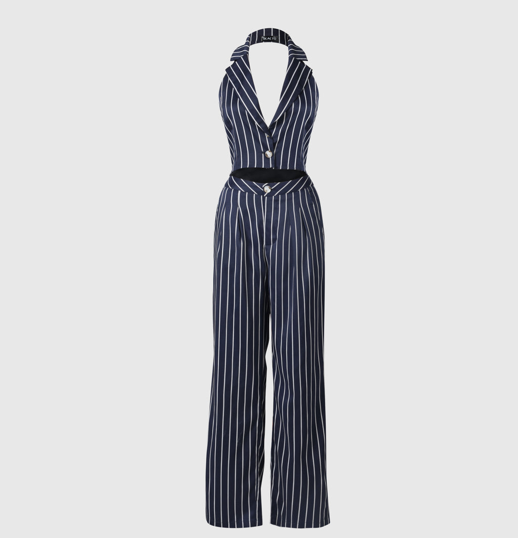 Elegantes Set aus gestreiftem Blazer und Hose mit hoher Taille
