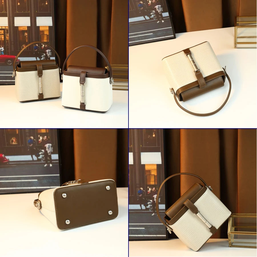 Französische Retro-Farbblock-Handtasche, weiche Haptik, einzigartiger Schlossverschluss, vielseitige kleine quadratische Tasche