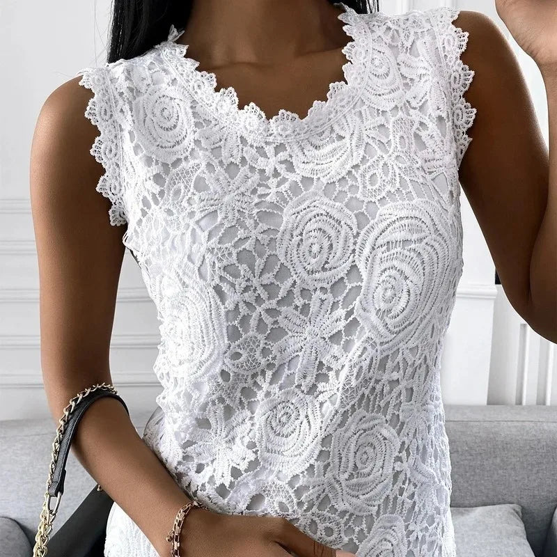 Summer Floral Lace Sleeveless Blouse Elegant Intricate Rose Pattern Top Casual O Neck Women's Tanks Top Solid Color Party Shirt