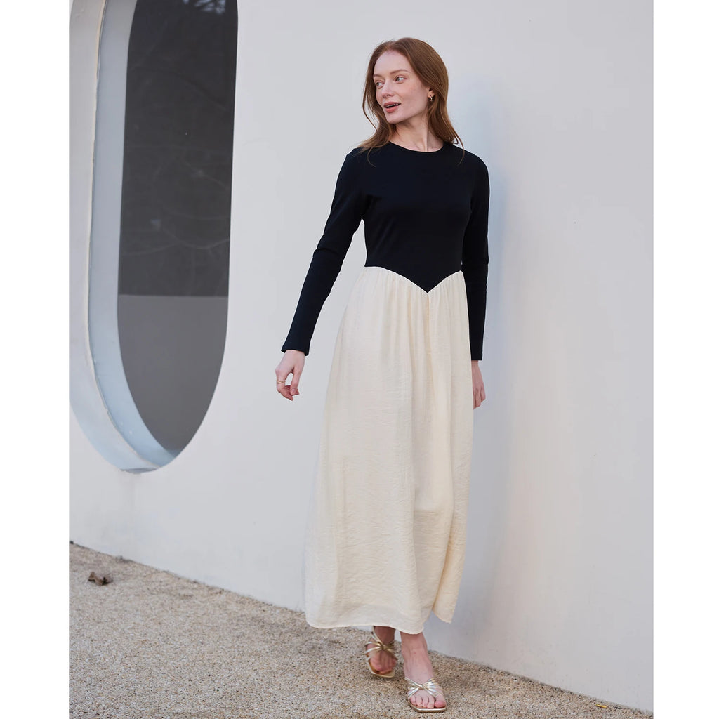 AP SS2026 Women Crinkle Dress Jersey Top Black Patchwork Apricot Elegant Lady Maxi Dress