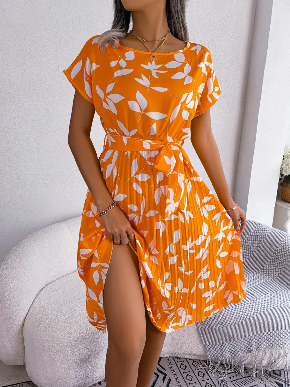 Msfilia Summer Print Pleated A Line Long Dress Women Short Sleeve High Waist Spring Round Neck Chic Dress with Belt