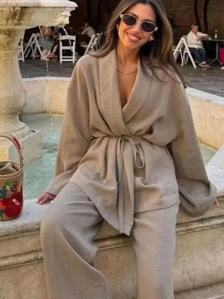 HH Women Loose Wide Leg Pant Set Fashion Lapel V Neck Long Sleeve Thin Blazer Coat With Belt 2024 Summer Ladies Solid Suit