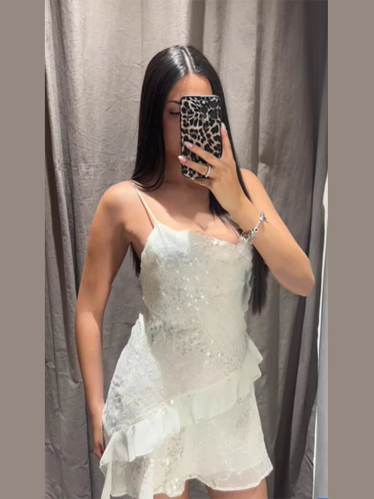 Elegant White Sequin Dresses Women's 2025 Halter Neck Backless Vestidos Layered Ruffle V-neck Sleeveless Summer Party Prom Dress