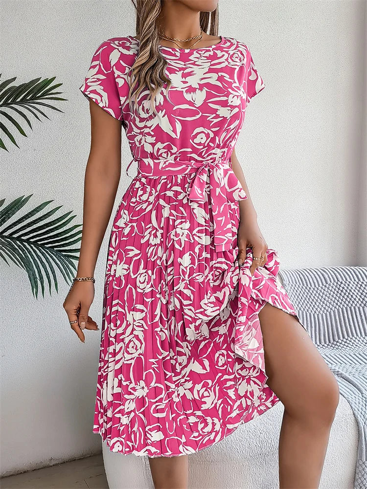 Msfilia Summer Print Pleated A Line Long Dress Women Short Sleeve High Waist Spring Round Neck Chic Dress with Belt