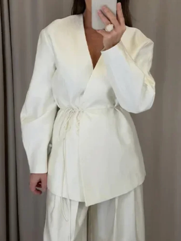 Women's Elegant Coat Pant Sets Full Sleeve V Lace Top Wide Leg Pants Female Suits 2026 Spring Summer Solid Satin Lady Set