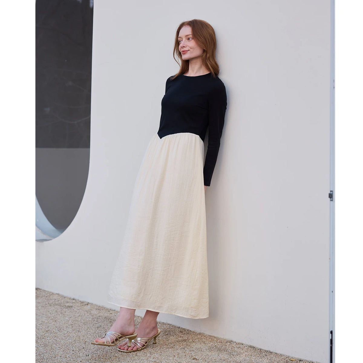 AP SS2026 Women Crinkle Dress Jersey Top Black Patchwork Apricot Elegant Lady Maxi Dress