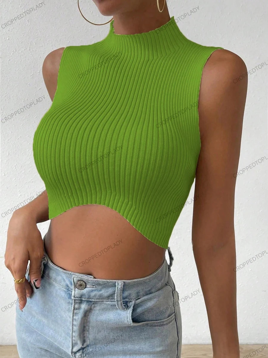 Summer Spring Women Casual Sexy Knit Sleeveless Curve Corset Mock Neck Crossfit Crop Top Femme Stretch Y2k Tank Fashion Clothes