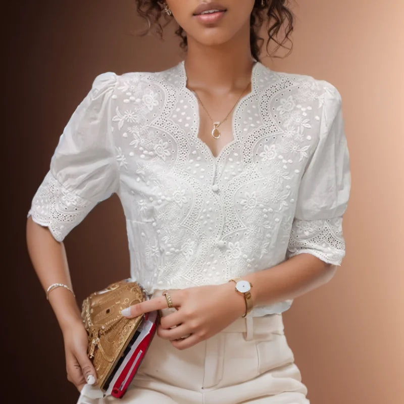 2026 Summer Embroidery Puff Sleeve Linen Cotton Women Blouse Spring Casual White Hollow Out Tops Short Sleeve Shirt