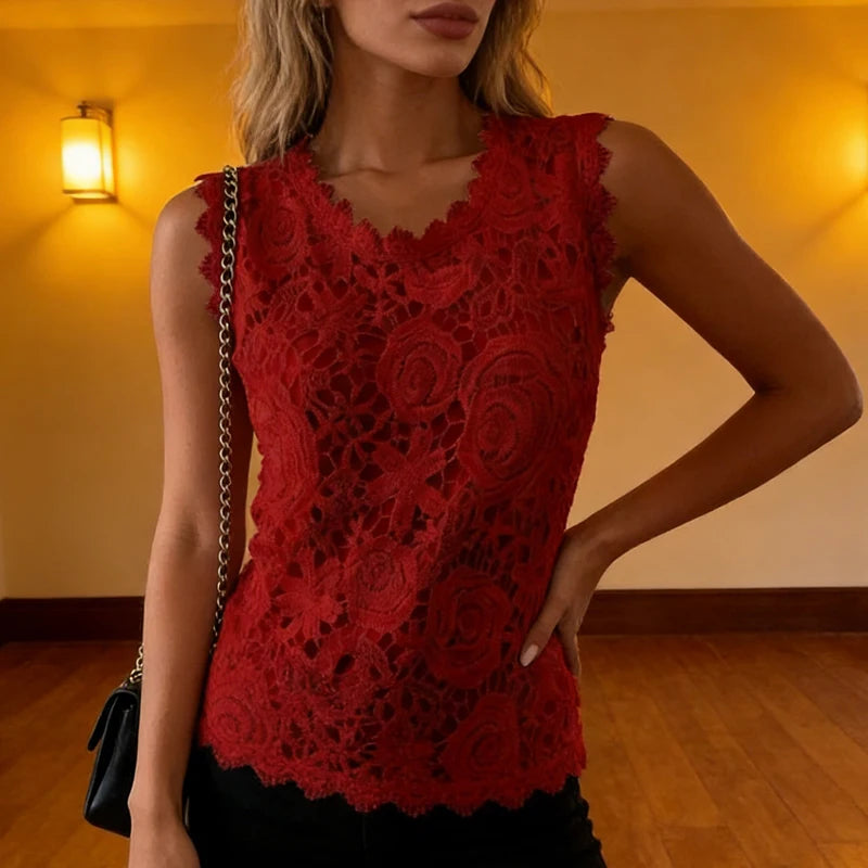 Summer Floral Lace Sleeveless Blouse Elegant Intricate Rose Pattern Top Casual O Neck Women's Tanks Top Solid Color Party Shirt