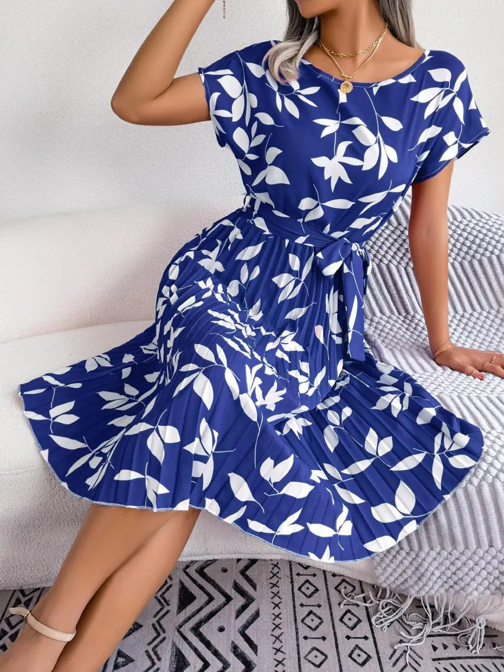 Msfilia Summer Print Pleated A Line Long Dress Women Short Sleeve High Waist Spring Round Neck Chic Dress with Belt
