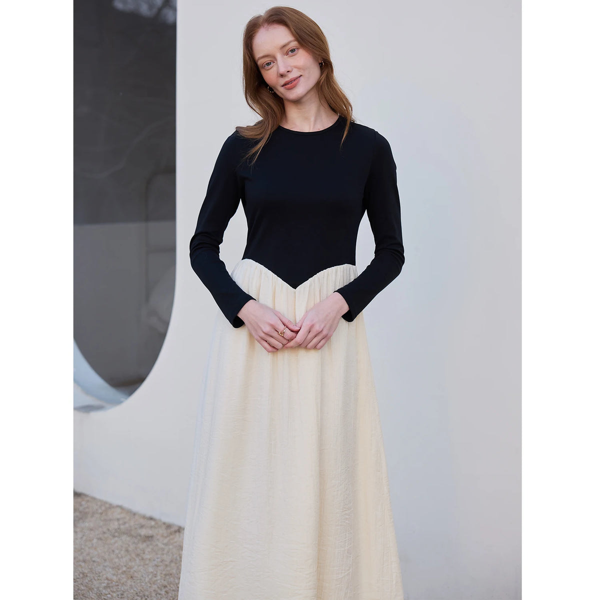 AP SS2026 Women Crinkle Dress Jersey Top Black Patchwork Apricot Elegant Lady Maxi Dress