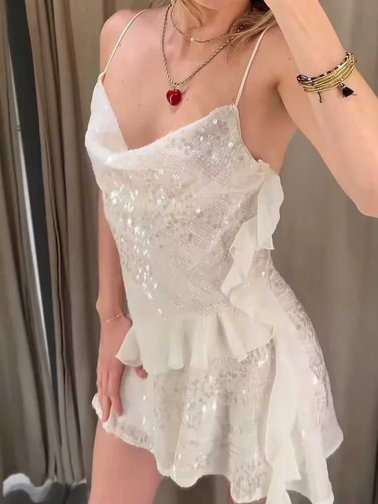 Elegant White Sequin Dresses Women's 2025 Halter Neck Backless Vestidos Layered Ruffle V-neck Sleeveless Summer Party Prom Dress