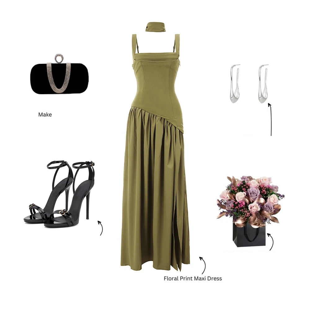 Suninheart Summer Elegant Olive Green Maxi Dress for Women Flowy Long Dress with Scarf Birthday Party Beach Graduation dress
