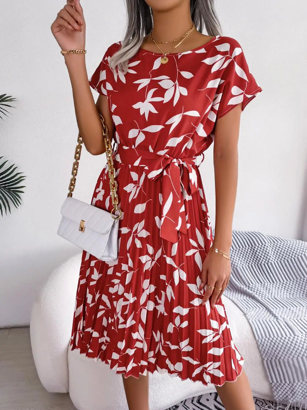 Msfilia Summer Print Pleated A Line Long Dress Women Short Sleeve High Waist Spring Round Neck Chic Dress with Belt