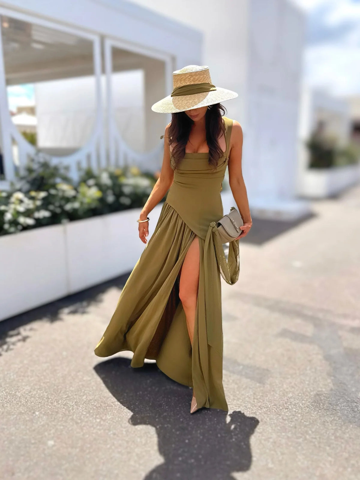 Suninheart Summer Elegant Olive Green Maxi Dress for Women Flowy Long Dress with Scarf Birthday Party Beach Graduation dress