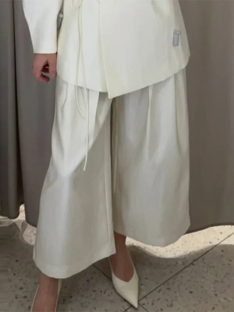 Women's Elegant Coat Pant Sets Full Sleeve V Lace Top Wide Leg Pants Female Suits 2026 Spring Summer Solid Satin Lady Set