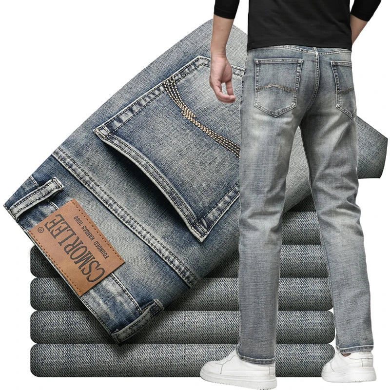 2026 New Men's Stretch Regular Fit Jeans Business Casual Classic Style Fashion Denim Trousers Male Vintage Black Blue Pants