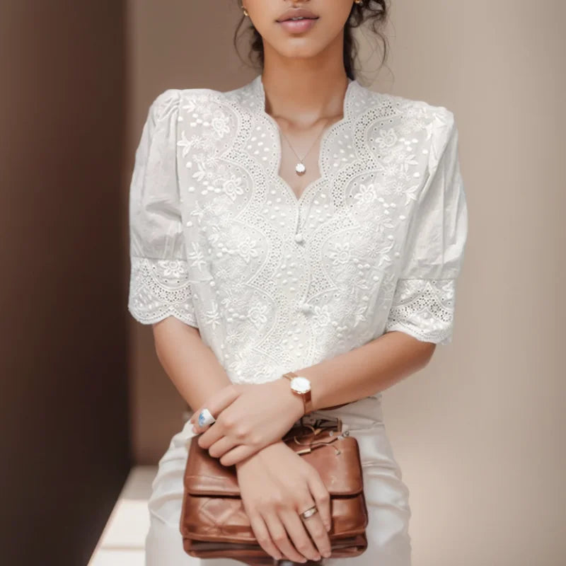 2026 Summer Embroidery Puff Sleeve Linen Cotton Women Blouse Spring Casual White Hollow Out Tops Short Sleeve Shirt