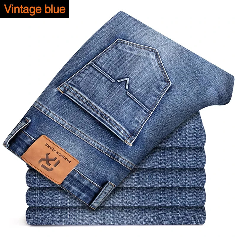 2026 New Men's Stretch Regular Fit Jeans Business Casual Classic Style Fashion Denim Trousers Male Vintage Black Blue Pants