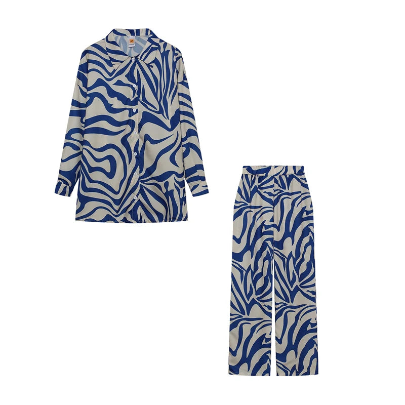 2022 Cross border Hot Edition Street Trendy Print Trouser Set Long Sleeve Full Screen Print Off Shoulder Shirt Set