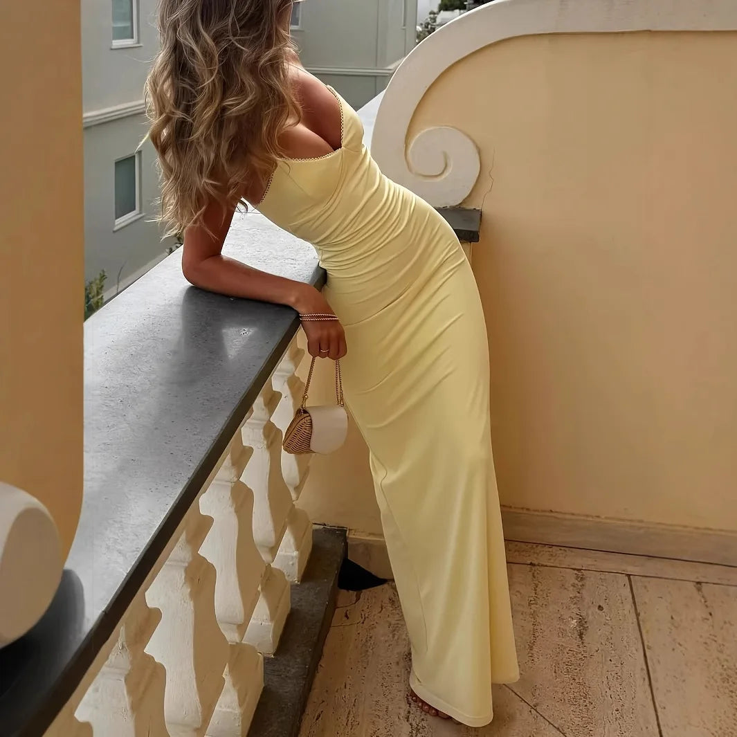 Summer Women's V-neck Yellow Dress With Sexy Backless Women's Casual Slim Dyed Suspender Long Skirt, Suitable For Beach Parties