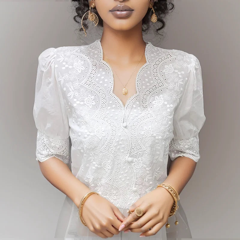 2026 Summer Embroidery Puff Sleeve Linen Cotton Women Blouse Spring Casual White Hollow Out Tops Short Sleeve Shirt