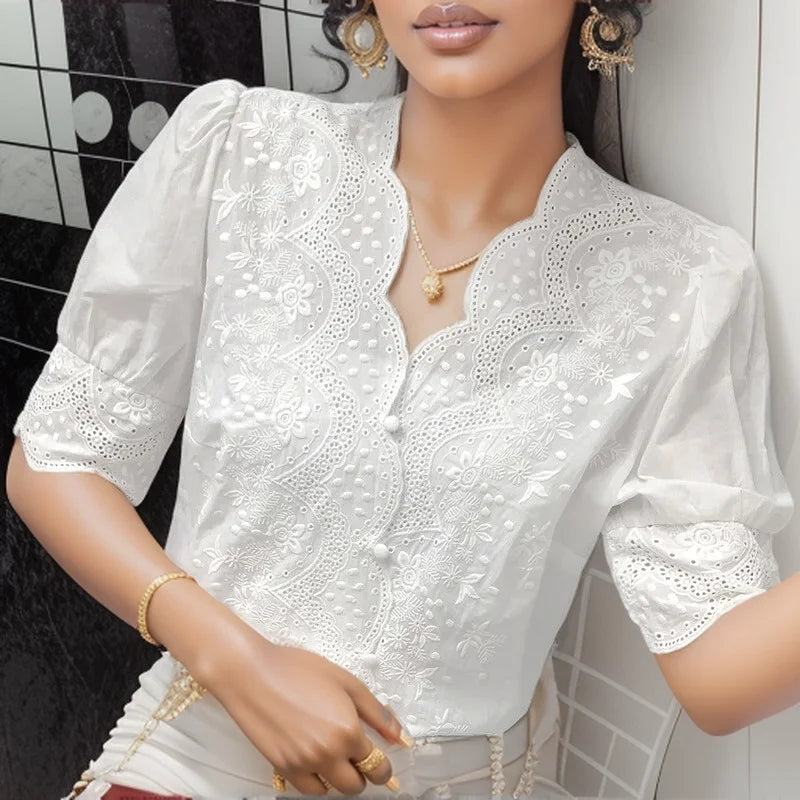 2026 Summer Embroidery Puff Sleeve Linen Cotton Women Blouse Spring Casual White Hollow Out Tops Short Sleeve Shirt