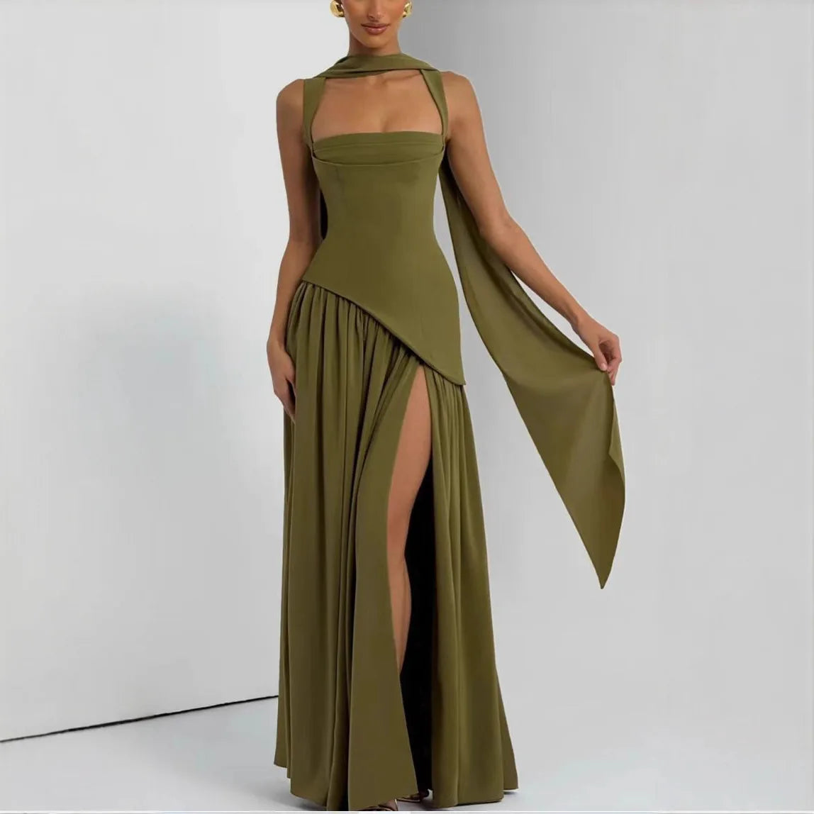 Suninheart Summer Elegant Olive Green Maxi Dress for Women Flowy Long Dress with Scarf Birthday Party Beach Graduation dress