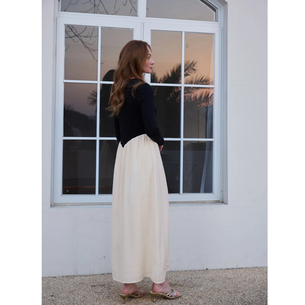 AP SS2026 Women Crinkle Dress Jersey Top Black Patchwork Apricot Elegant Lady Maxi Dress