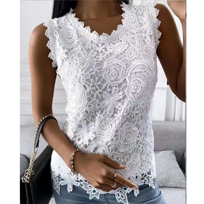 Summer Floral Lace Sleeveless Blouse Elegant Intricate Rose Pattern Top Casual O Neck Women's Tanks Top Solid Color Party Shirt