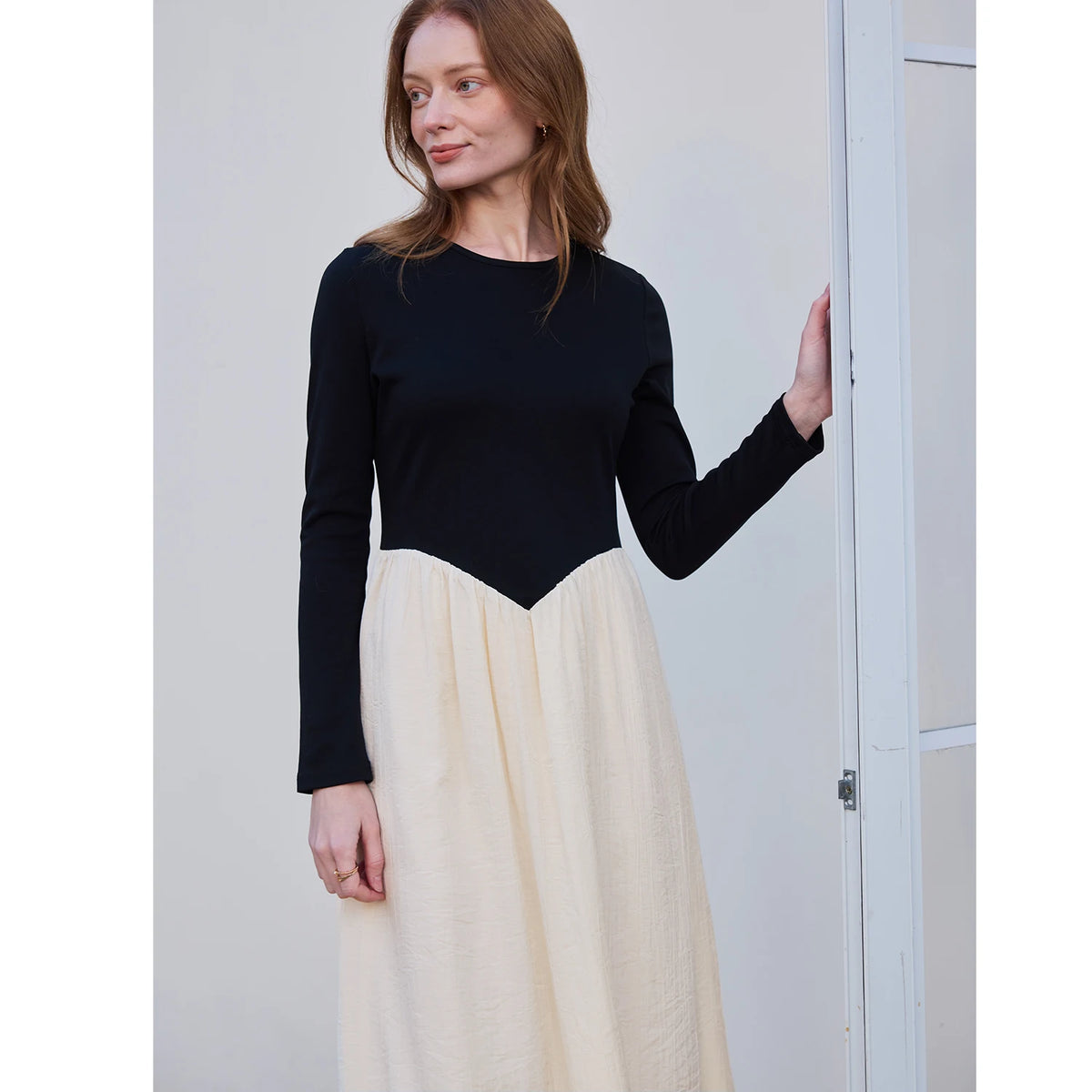 AP SS2026 Women Crinkle Dress Jersey Top Black Patchwork Apricot Elegant Lady Maxi Dress