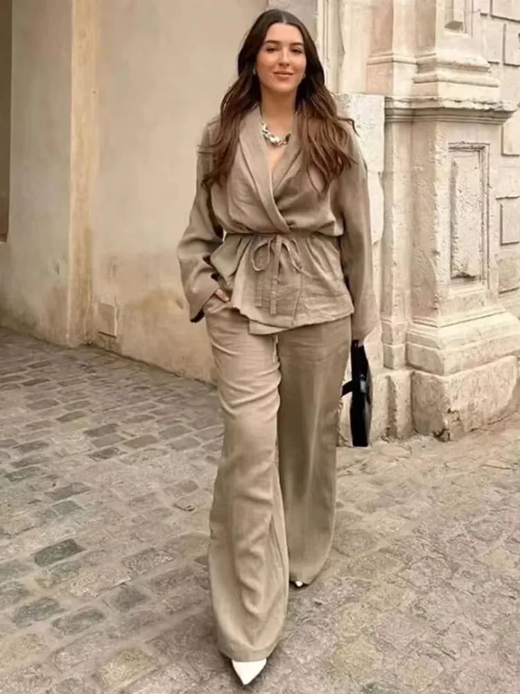 HH Women Loose Wide Leg Pant Set Fashion Lapel V Neck Long Sleeve Thin Blazer Coat With Belt 2024 Summer Ladies Solid Suit