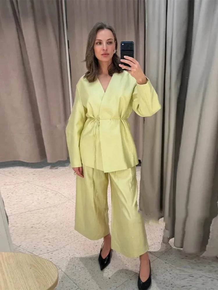 Women's Elegant Coat Pant Sets Full Sleeve V Lace Top Wide Leg Pants Female Suits 2026 Spring Summer Solid Satin Lady Set