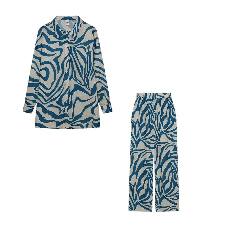 2022 Cross border Hot Edition Street Trendy Print Trouser Set Long Sleeve Full Screen Print Off Shoulder Shirt Set