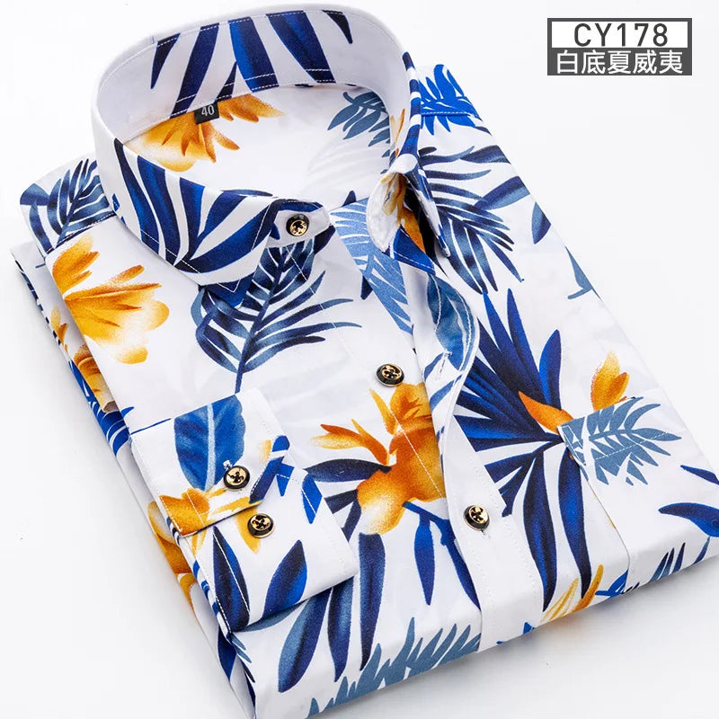 New men's shirt Thin long-sleeved printed spring/summer non-ironing business casual slim slim fashion breathable shirt