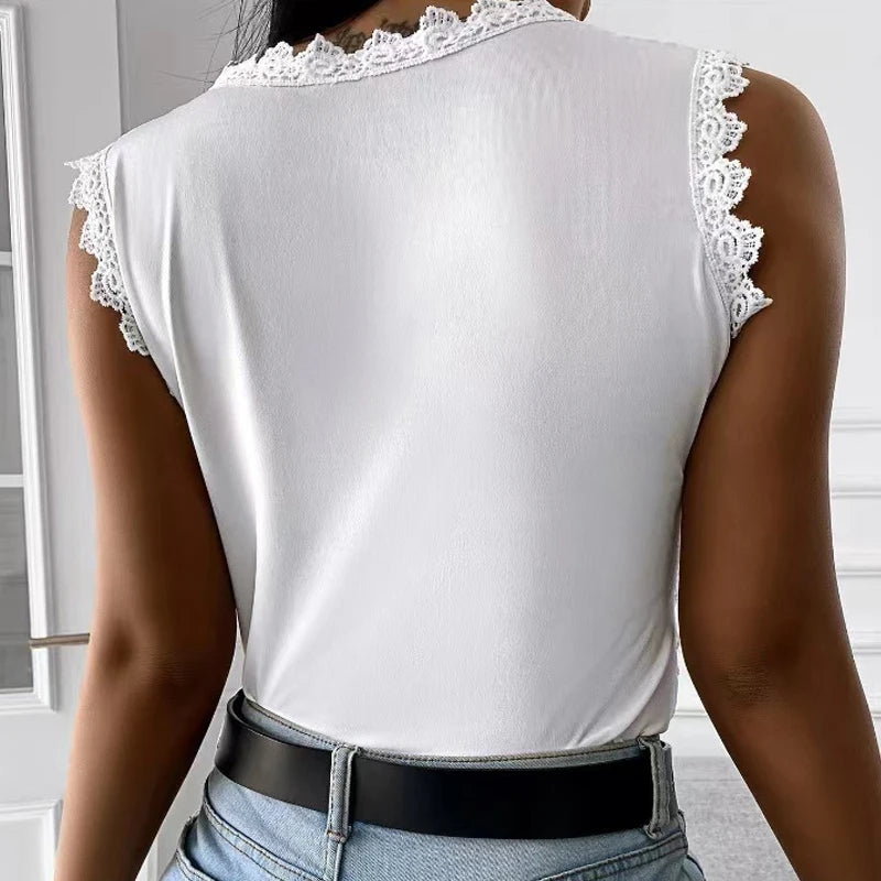 Summer Floral Lace Sleeveless Blouse Elegant Intricate Rose Pattern Top Casual O Neck Women's Tanks Top Solid Color Party Shirt