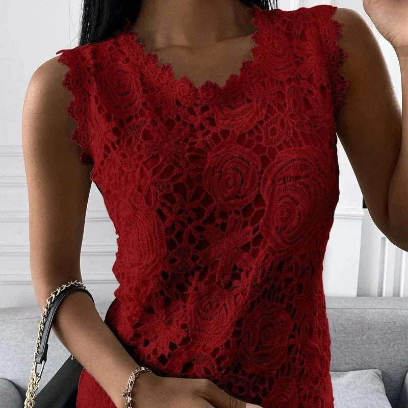 Summer Floral Lace Sleeveless Blouse Elegant Intricate Rose Pattern Top Casual O Neck Women's Tanks Top Solid Color Party Shirt