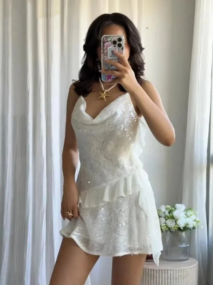 Elegant White Sequin Dresses Women's 2025 Halter Neck Backless Vestidos Layered Ruffle V-neck Sleeveless Summer Party Prom Dress