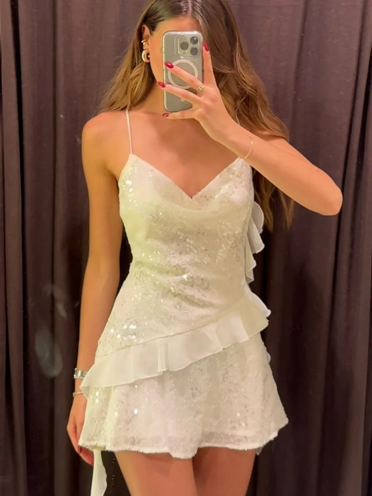 Elegant White Sequin Dresses Women's 2025 Halter Neck Backless Vestidos Layered Ruffle V-neck Sleeveless Summer Party Prom Dress