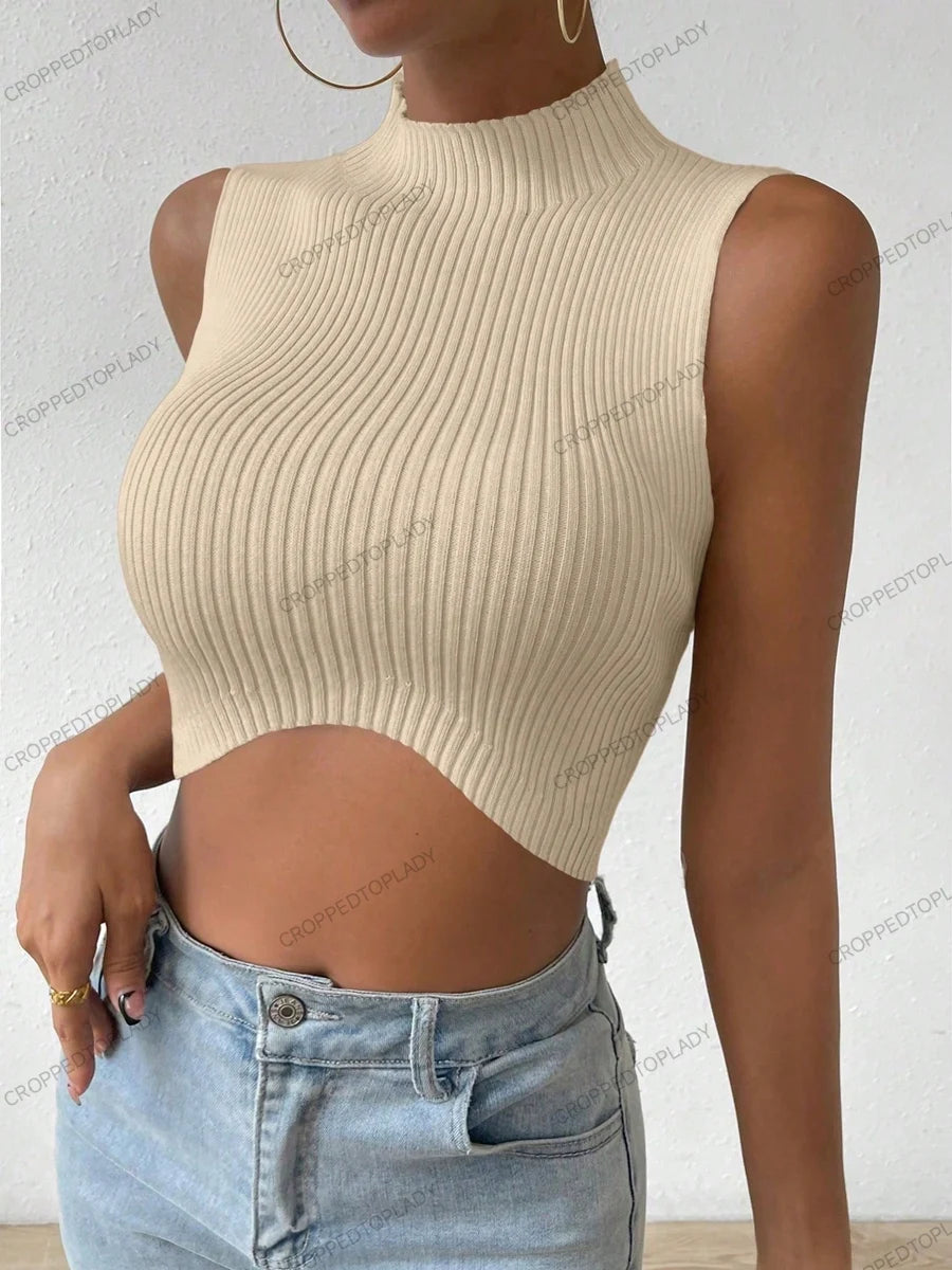 Summer Spring Women Casual Sexy Knit Sleeveless Curve Corset Mock Neck Crossfit Crop Top Femme Stretch Y2k Tank Fashion Clothes