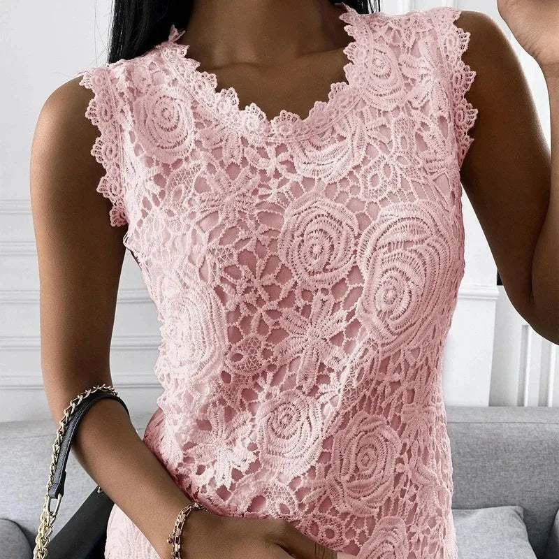 Summer Floral Lace Sleeveless Blouse Elegant Intricate Rose Pattern Top Casual O Neck Women's Tanks Top Solid Color Party Shirt
