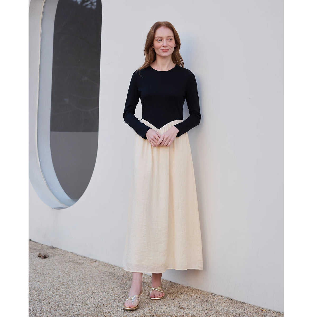 AP SS2026 Women Crinkle Dress Jersey Top Black Patchwork Apricot Elegant Lady Maxi Dress