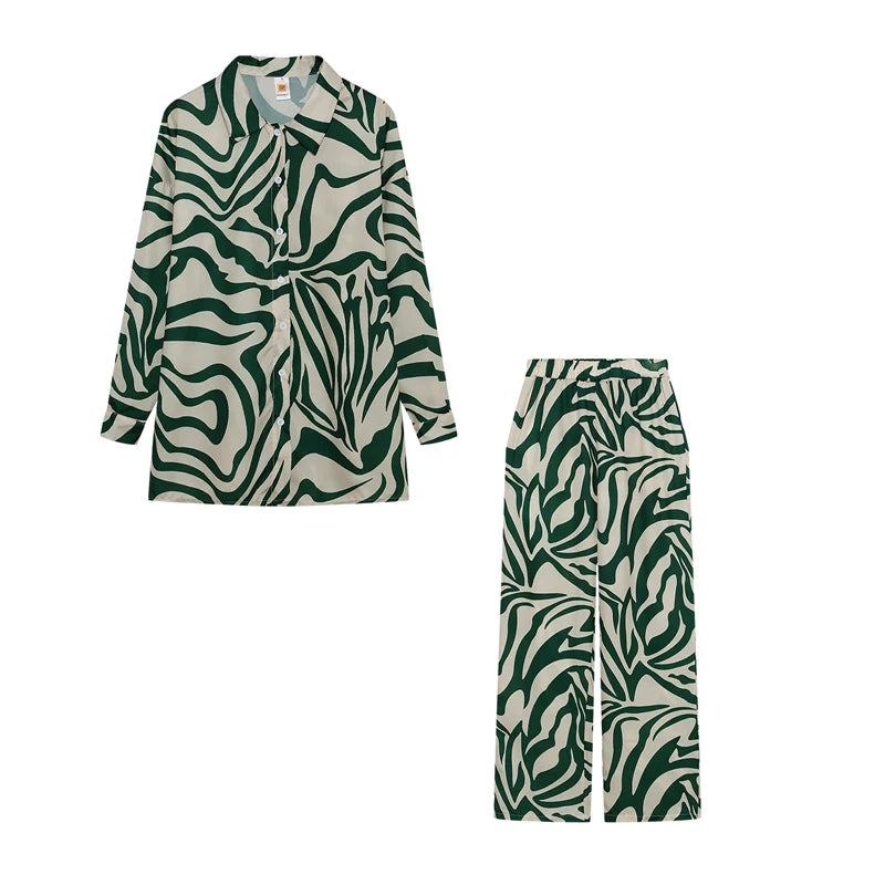 2022 Cross border Hot Edition Street Trendy Print Trouser Set Long Sleeve Full Screen Print Off Shoulder Shirt Set