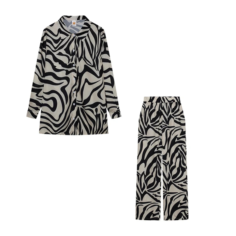 2022 Cross border Hot Edition Street Trendy Print Trouser Set Long Sleeve Full Screen Print Off Shoulder Shirt Set