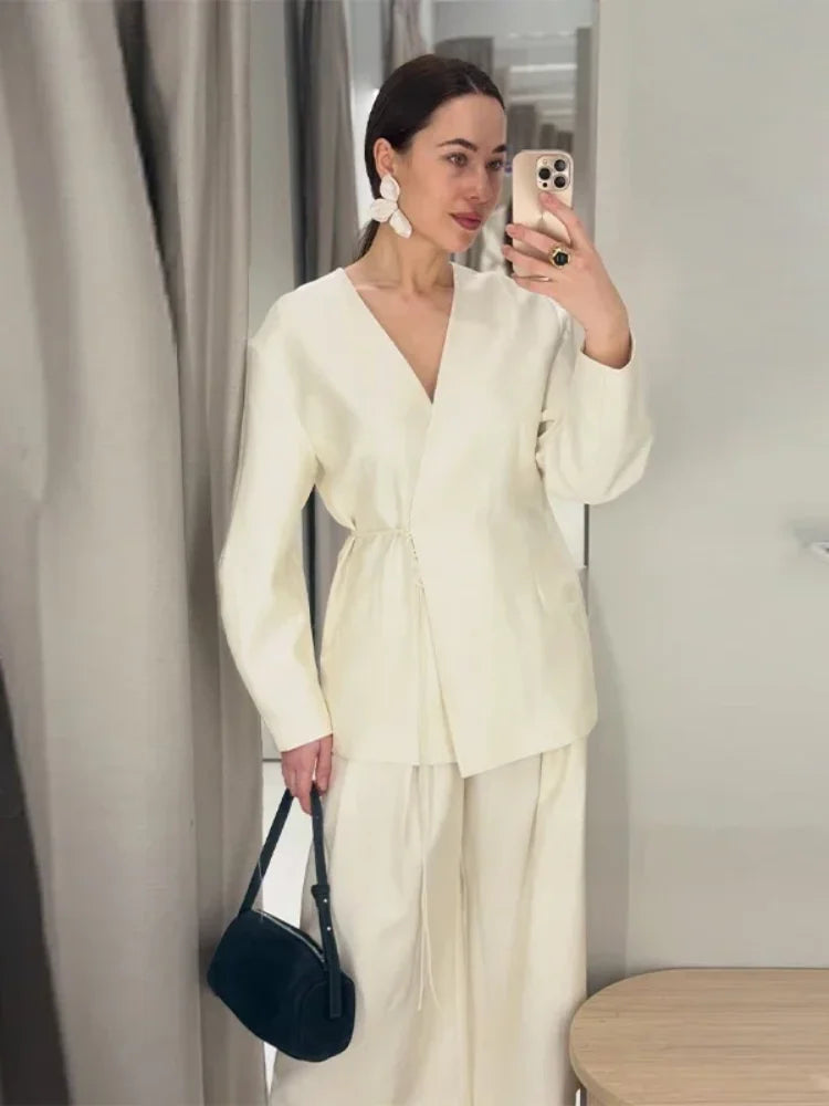 Women's Elegant Coat Pant Sets Full Sleeve V Lace Top Wide Leg Pants Female Suits 2026 Spring Summer Solid Satin Lady Set
