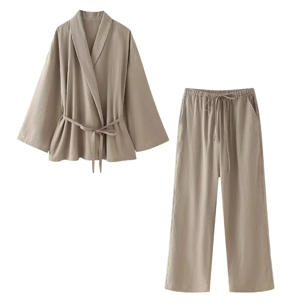 HH Women Loose Wide Leg Pant Set Fashion Lapel V Neck Long Sleeve Thin Blazer Coat With Belt 2024 Summer Ladies Solid Suit