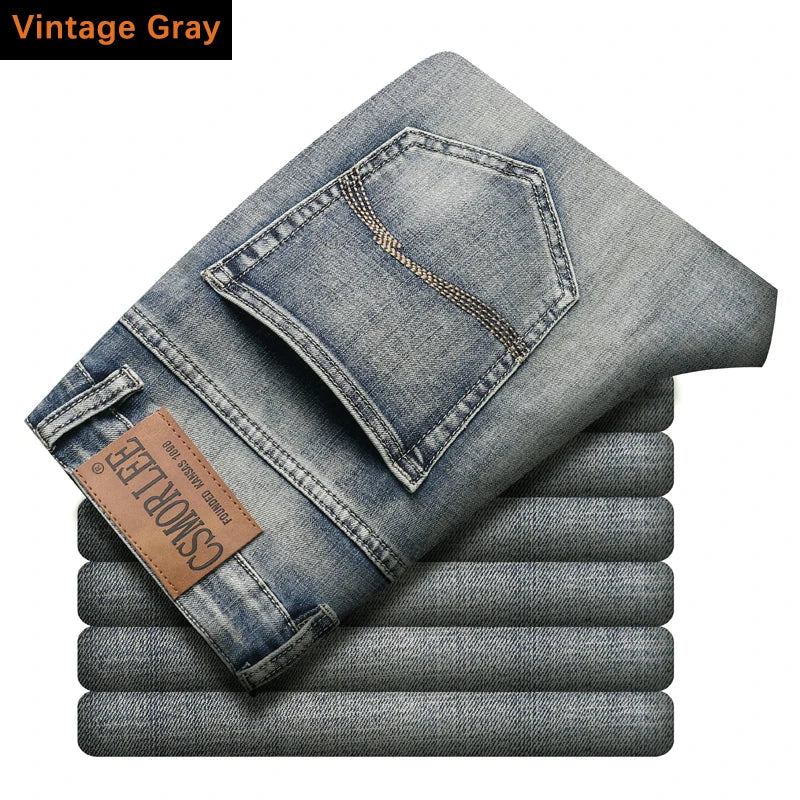 2026 New Men's Stretch Regular Fit Jeans Business Casual Classic Style Fashion Denim Trousers Male Vintage Black Blue Pants