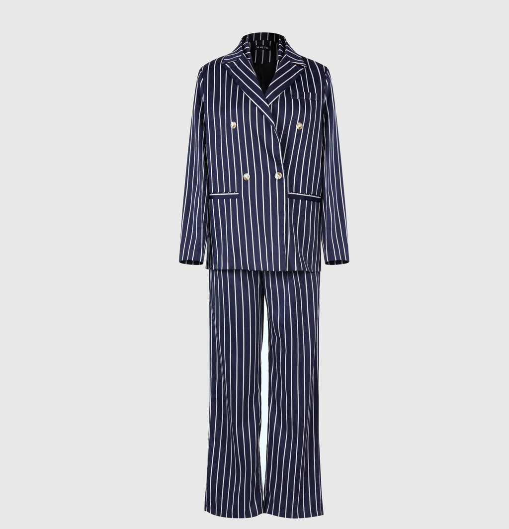 Elegantes Set aus gestreiftem Blazer und Hose mit hoher Taille