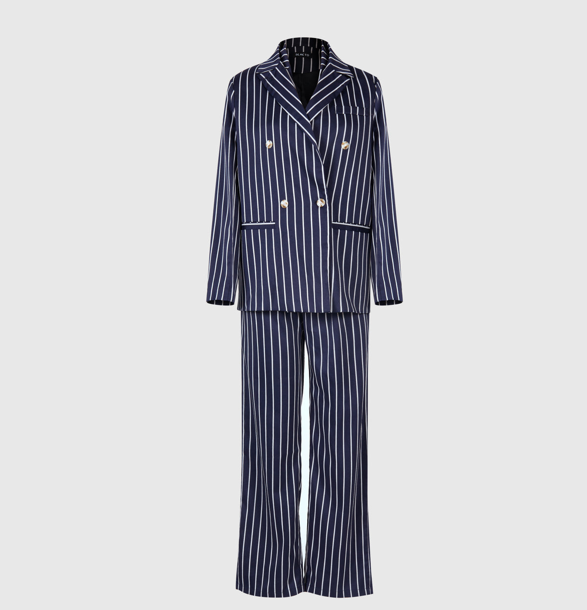 Conjunto elegante de blazer a rayas y pantalón de cintura alta