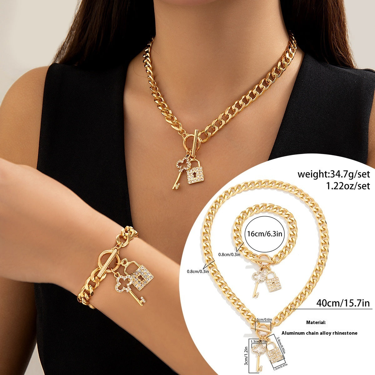 Cadena gruesa con cerradura brillante y collar con colgante de llave para mujer